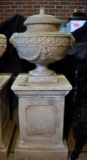 Magnificent Concrete Lion's Head Lidded Urn & Base, Beautifully Weathered (Lots 94 & 95 Match)