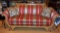 Red Gold & Green Stripe Federal Style Sofa w/ Hand Painted Finish to Wood Sections, 3 Accent Pillows