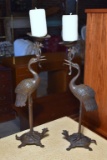 Pair of Bronze Herons On Turtle Backs Candle Holders, 21” H