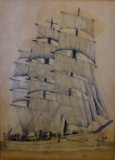 Salters (American, Contemporary) Tall Mast Ship, Charcoal, Signed Lower Right