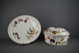 Royal Worcester Porcelain “Evesham”: Platter & Lidded Casserole
