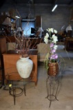 Metal Plant Stand w/ Faux Orchid in Basket & Ceramic Vase w/ Twig Arrangement