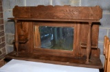 Handsome Antique Oak Overmantle w/ Original Beveled Mirror