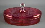 Vintage Lidded & Divided Etched Cranberry Glass Candy Dish