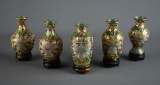 Set of Five Miniature Cloisonne Vases on Wooden Bases