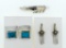 Lot of Three Sterling Silver Jewelry Items: SS & Turquoise Earrings, Dangle Earrings & Feather Pin