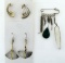 Lot of Three Jewelry Items: Two Pairs Silver & Gold Color Earrings & A Chatelaine Pin