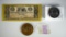 So. Car. Collector's Lot: 1854 Comm. Bank of Cola. $5 Note, 2 Bedding Stamps, USC Bronze Medallion +