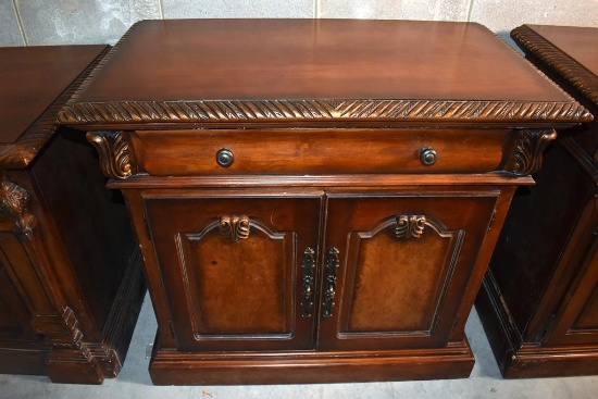 Large Scale Carved Detail Nightstand with Two Interior Drawers Under Top Drawer