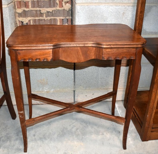 Elegant Mahogany Side Table with X Stretcher, Carved Skirt