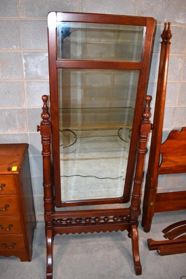 Contemporary Cheval Mirror With Turned Spool Bottom Trim, Two-Section Beveled Mirror
