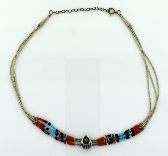 Vintage Southwestern Sterling Silver & Bead Necklace, 16” L