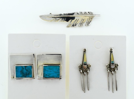 Lot of Three Sterling Silver Jewelry Items: SS & Turquoise Earrings, Dangle Earrings & Feather Pin