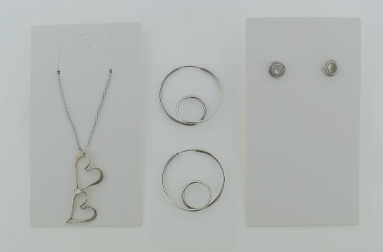 Lot of 3 Sterling Silver Jewelry Items: SS & Moonstone Earrings, Circle Earrings & Heart Neckace