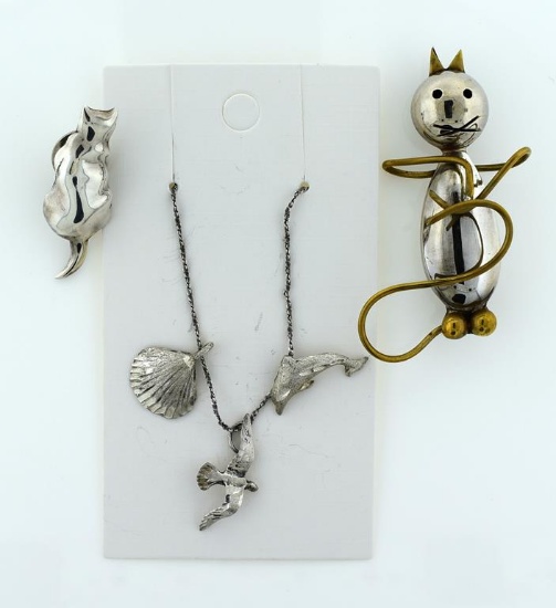 Lot of Three Sterling Silver Jewelry Items: Two Cat Pins & a Beach-Themed Chain Necklace, 16” L