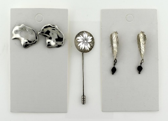 Lot of Three Sterling Silver Jewelry Items: Two Pairs Earrings & a Stick Pin