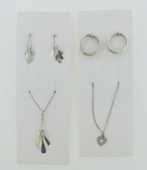Lot of 4 Sterling Silver Jewelry Items: Matching Pendant Necklace (18“ L) & Earrings, Heart Necklace