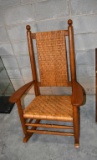 Handsome Oak Kennedy Presidential Rocker with Woven Cane Seat & Back, Dark Blue Cushions