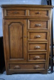 Handsome Vintage Dixie Furniture Oak Tall Chest with 7 Drawers and Interior Shelves