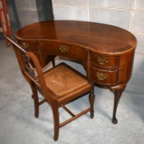 Cute Vintage Kidney Ladies Desk and Chair, Shell Carved Cabriole Legs, Harp-Back Chair w/ Caned Seat