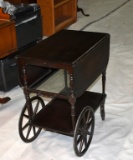 Antique Wooden Drop Leaf Tea Cart with Sliding Glass Shelf, Adjustable Handle, Spoked Wheels