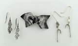 Lot of Three Sterling Silver Jewelry Items: Two Pairs Earrings & a Bow Pin