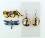 Lot of Three Costume Jewelry Items: Cat Pin, Cat Earrings, Enameled Dragonfly Pin