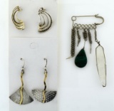 Lot of Three Jewelry Items: Two Pairs Silver & Gold Color Earrings & A Chatelaine Pin