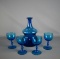 Attractive 8” Mid-Century Modern Copper Blue Glass Carafe Bottle & Four Goblets