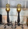 Iron Base Paw Footed Andirons with Brass Eagle on Globe Finials
