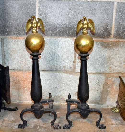 Iron Base Paw Footed Andirons with Brass Eagle on Globe Finials