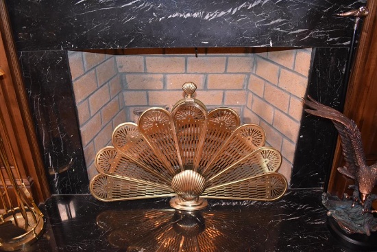 Vintage Hollywood Regency Brass Peacock Folding Fireplace Screen