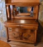 Antique American Empire Style Oak Sideboard with Beveled Mirror Top, Paw Feet