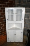 White Wooden Corner Cupboard, Glazed Doors Above, Louvered Doors Below