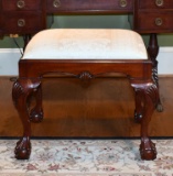 Attractive Carved Mahogany Vanity Seat w/ Ivory Upholstery, Ball & Claw Feet