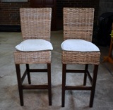 Pair of Rattan Wicker Bar Seats with Cloth Seat Cushions