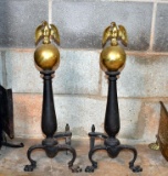 Iron Base Paw Footed Andirons with Brass Eagle on Globe Finials