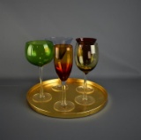 Collection of Five Colored 8” Glass Stemware & Gilded Tray