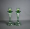 Pair of Antique 10” H Green Sandwich (Massachusetts) Glass Candlesticks, Tall Ship Etchings