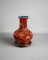 Vintage Chinese Cinnabar 7.5” H Vase, Blue Enameled Interior, Wooden Base