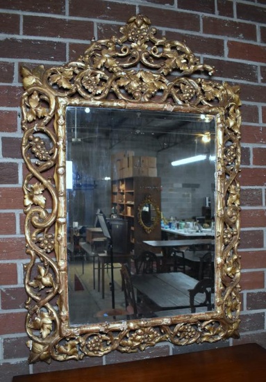 Antique Carved Gilded Wood Grapevine Motif Mirror, Original Beveled Glass