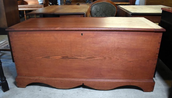 Beautiful Southern Heart Pine Blanket Chest, 19th C., Hand Forged Strap Hinges, Red Stain Finish