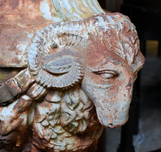 Antique 19th C. Ram's Head Cast Iron Garden Urn