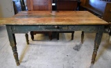 Rustic Antique Heart Pine Table w/ Old Green Paint Legs, Age Distressed Top, Simple Scroll Apron