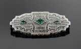 Antique 10K White Gold Art Deco 1.5” Pin w/ Green Stones