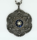 Vintage Sterling Silver 1.5” Pendant w/ Pearl, Blue & Crystal Rhinestones on 24” Sterling Chain