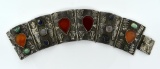 Stunning Heavy Antique Egyptian Revival Silver 8” Link Bracelet w/ Amber, Carnelian, Lapis, Turquois