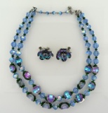 Exquisite Vintage Vendome Blue Iridescent Crystal Demiparure: 28” Necklace & Screwback Earrings