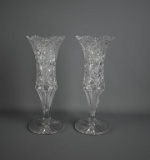 Pair Brilliant Cut Glass 12” Diamond, Button & Star Vases