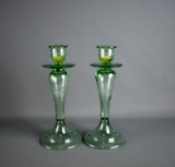 Pair of Antique 10” H Green Sandwich (Massachusetts) Glass Candlesticks, Tall Ship Etchings